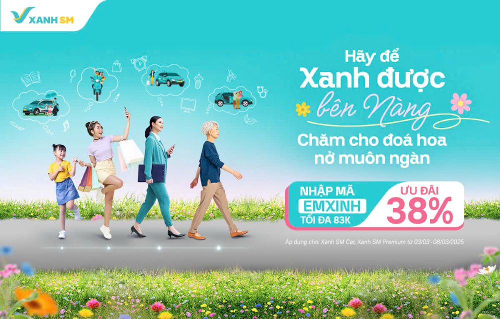 Xanh SM đang có mã ưu đãi hấp dẫn khi đặt xe nhân dịp Quốc tế Phụ nữ 8/3 (Ảnh: Xanh SM)