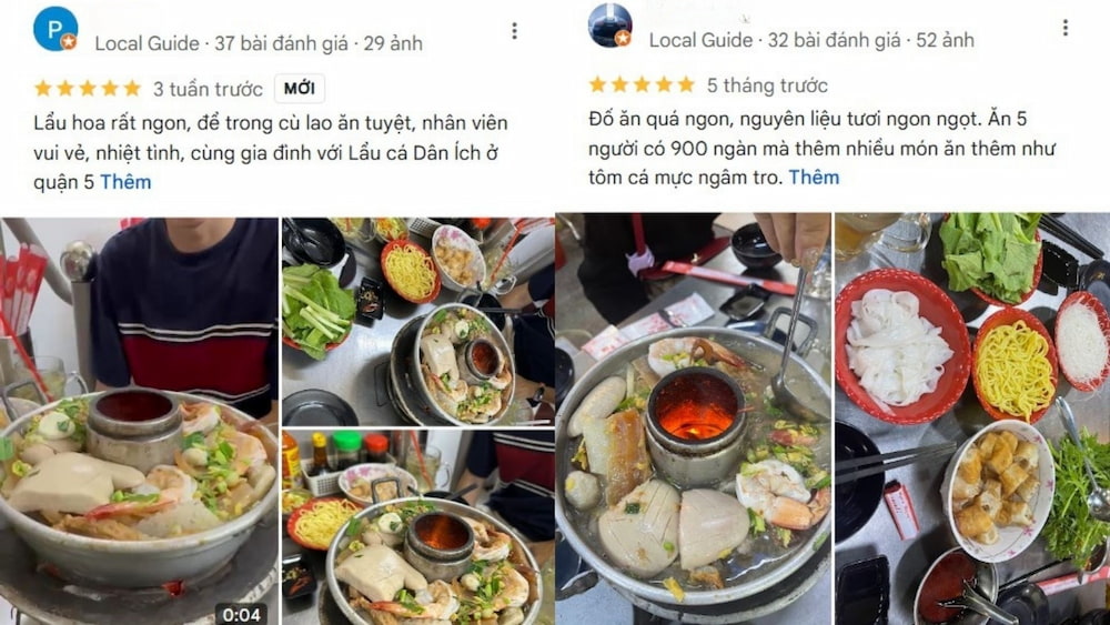 Thực khách đánh giá hài lòng về đồ ăn tại Lẩu cá Dân Phổ (Ảnh: Google Maps)