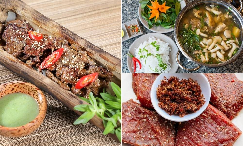 Nếu chưa biết ăn gì ở cao nguyên Vân Hòa, hãy ăn gà nấu lá dít, bò một nắng muối kiến vàng,... 