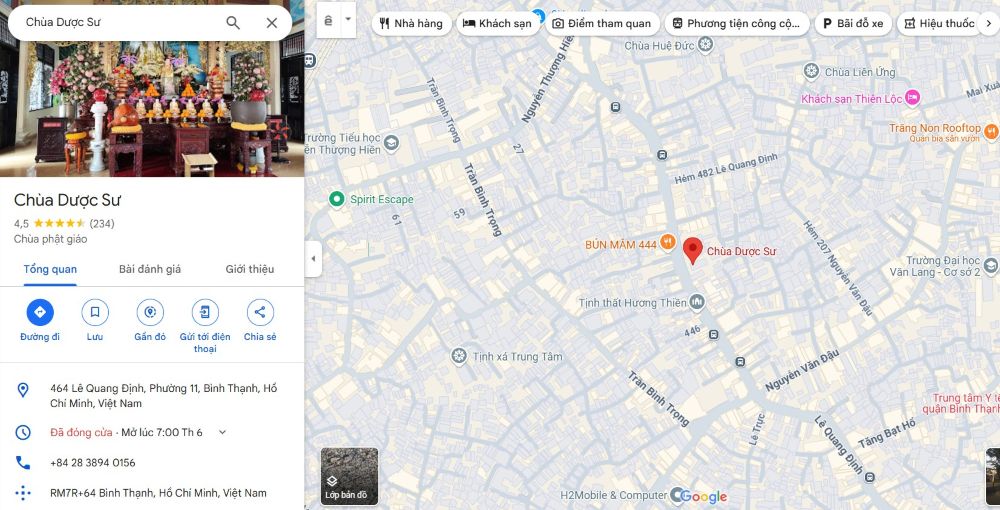 Chùa Dược Sư nằm tại phường 11 quận Bình Thạnh (Ảnh: Google Maps)