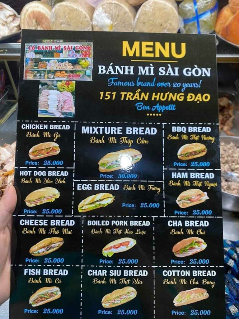 Bánh Mì Sài Gòn Hội An - Thực đơn phong phú đa dạng (Ảnh: Sưu tầm internet)