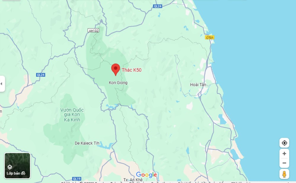 Thác Hang Én (K50) tọa lạc ở phần giáp ranh giữa Bình Định và Gia Lai (Ảnh: Google Maps)