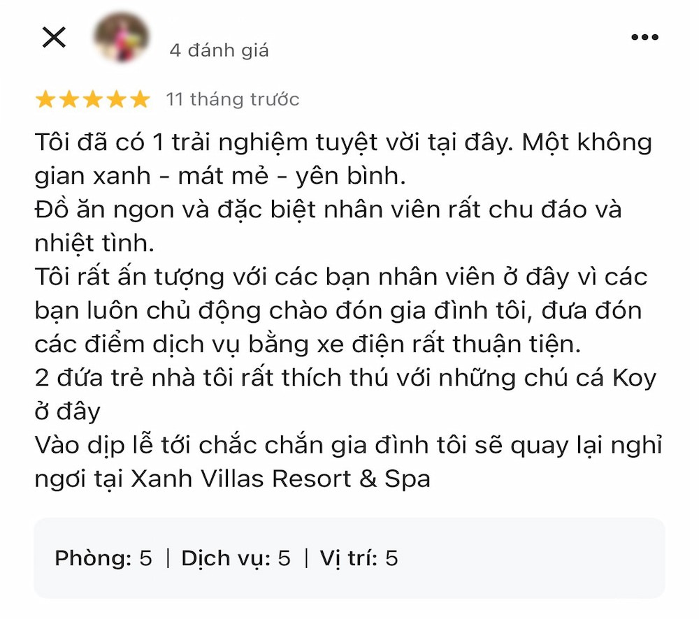 Du khách hài lòng với dịch vụ tại Xanh Villas Resort & Spa 