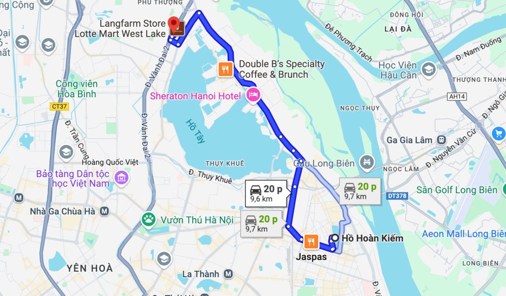 Lộ trình di chuyển ngắn nhất từ Hồ Hoàn Kiếm tới Manwah Lotte Tây Hồ