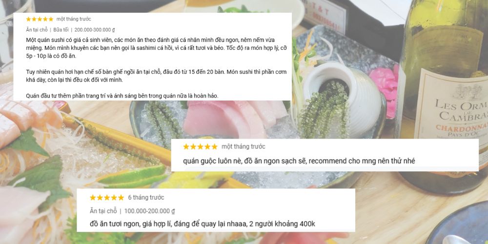 Đánh giá khách hàng về hương vị và không gian quán tại Sun Sushi