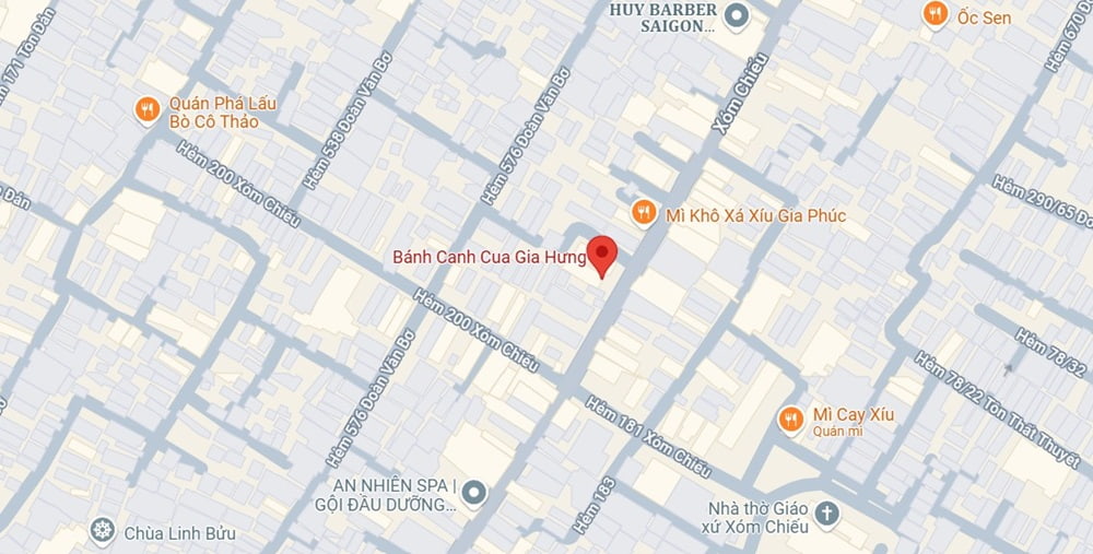 Bánh Canh Cua Gia Hưng Quận 4 nằm tại địa chỉ 198A Đường Xóm Chiếu, Phường 14 (Ảnh: Google Maps) 