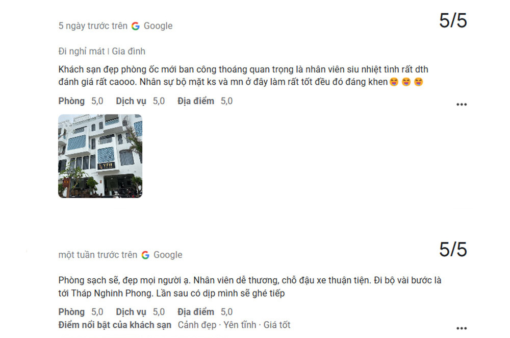 Đánh giá của du khách sau khi đến nghỉ dưỡng tại Yên Hotel (Ảnh: Google Maps)