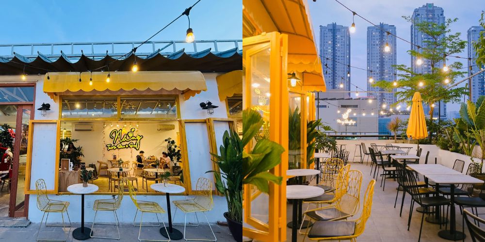 Không gian Nắng Rooftop Coffee với màu vàng ươm nổi bật