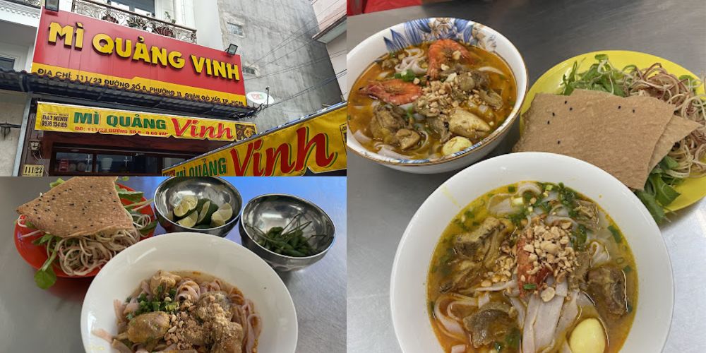 Mì Quảng Vinh Gò Vấp có menu đa dạng topping ăn cùng mì như tôm, sườn, gà,... 