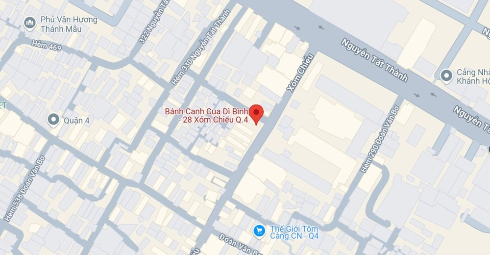 Quán Bánh Canh Cua Dì Bình nằm ở 28 Xóm Chiếu, Phường 13, Quận 4 (Ảnh: Google Maps)