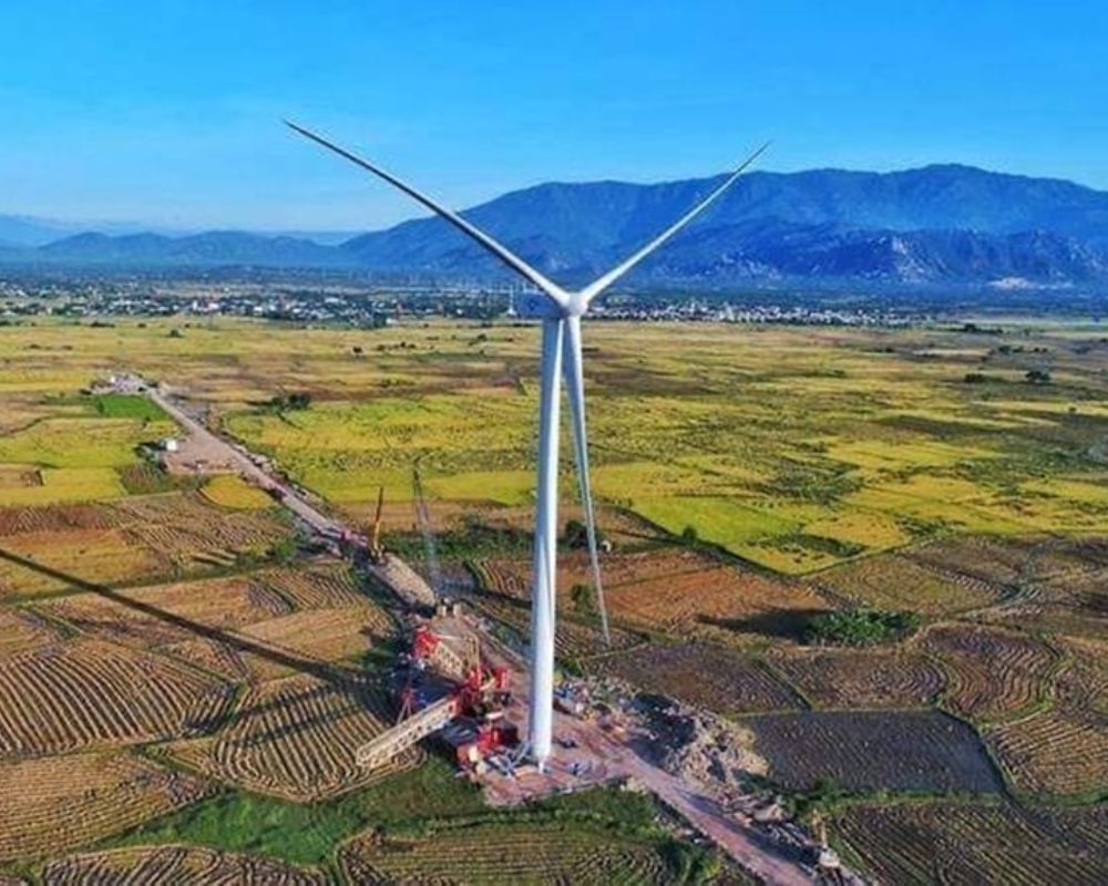 Cánh đồng quạt gió với những tua-bin gió khổng lồ giữa khung cảnh thiên nhiên rộng lớn (Ảnh: Báo lao động)