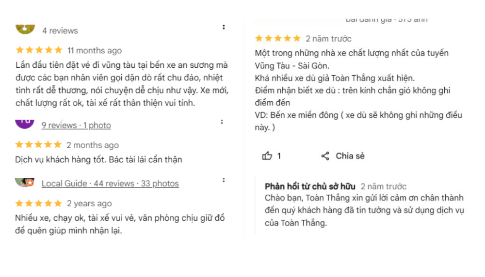 Một số phản hồi của hành khách về dịch vụ xe khách Toàn Thắng (Ảnh: Google Maps)