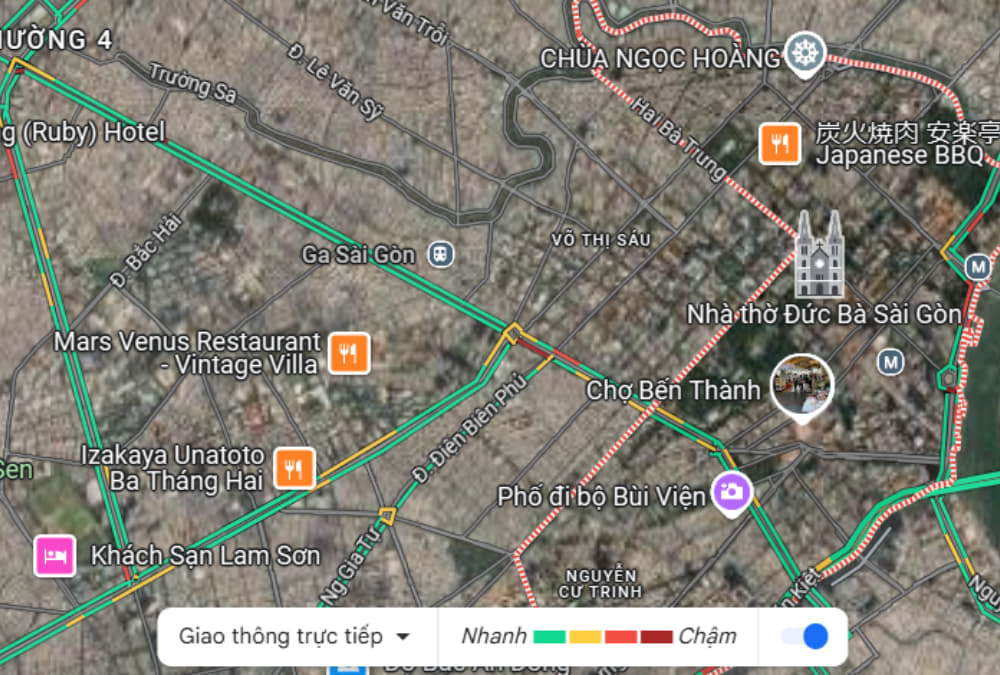 Bản đồ giao thông tại Quận 1 cùng chỉ dẫn các màu thể hiện tốc độ lưu thông từng khu vực (Ảnh: Sưu tầm Internet)