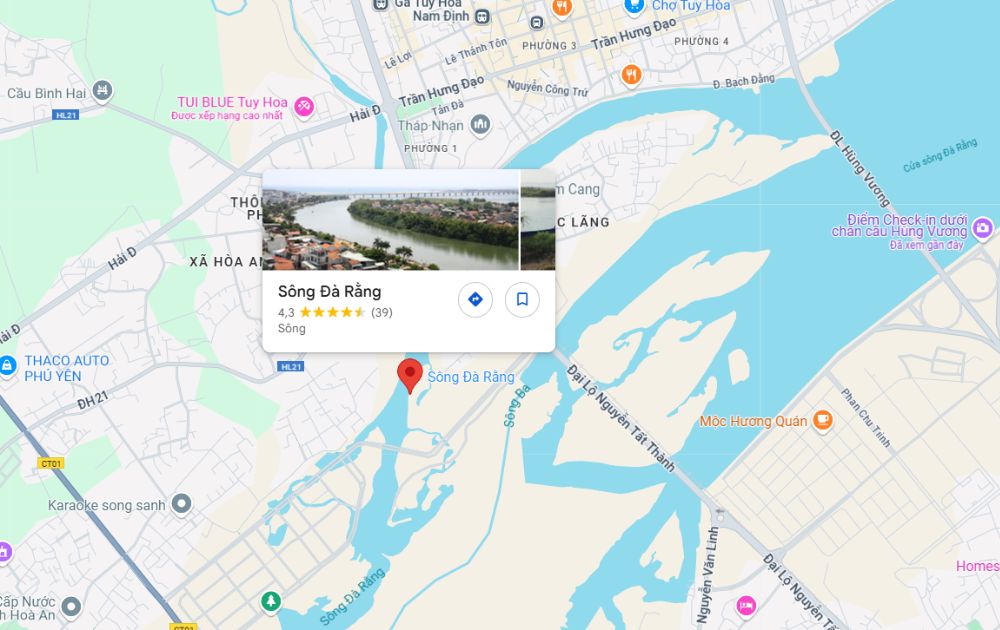 Vị trí địa lý của sông Đà Rằng Phú Yên (Ảnh: Google Maps)