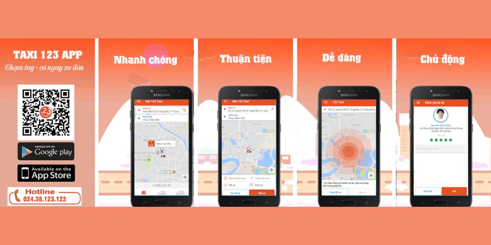 Đặt xe taxi 123 nhanh chóng trên app hoặc qua tổng đài 24/7 