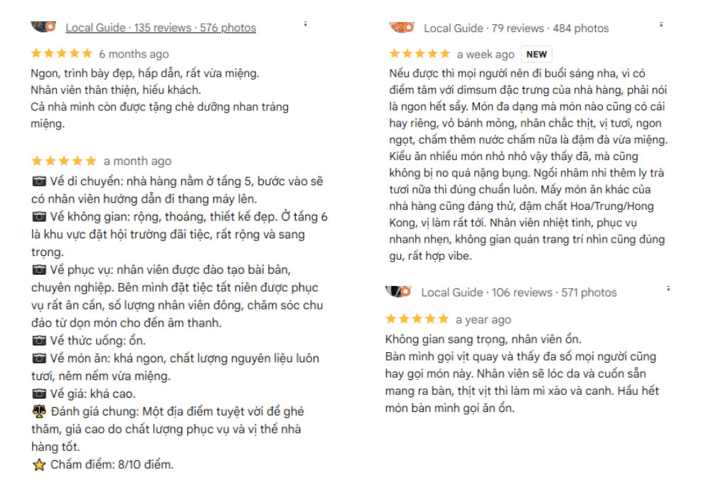 Một vài đánh giá tích cực về nhà hàng Ngân Đình chi nhánh Sài Gòn (Ảnh: Google Maps)