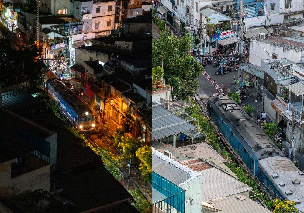 Bạn có thể sẽ nhìn thấy đoàn tàu đi ngang qua dù là ngày hay đêm (Ảnh: Lang Thang Rooftop)