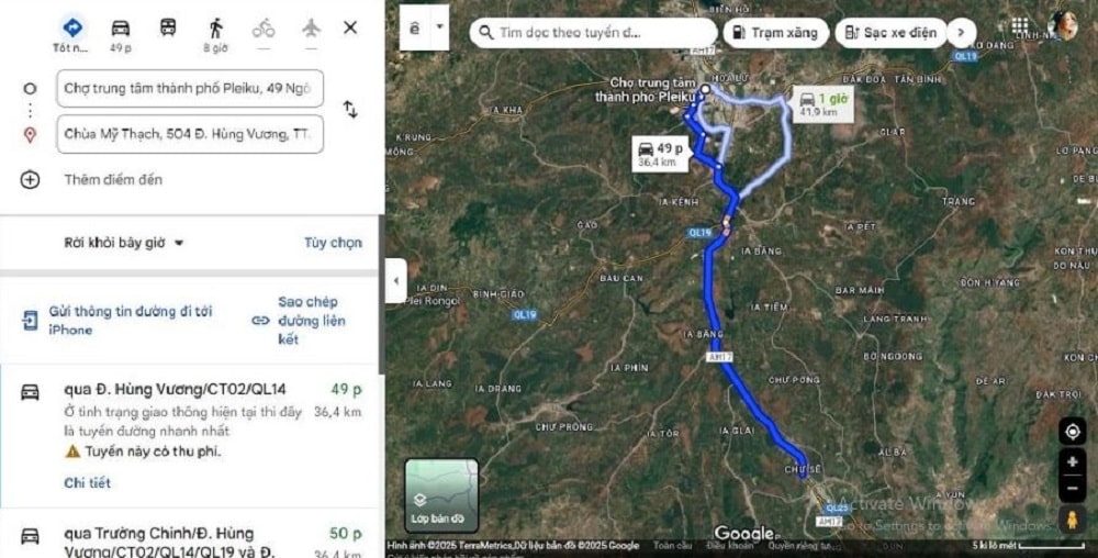 Di chuyển từ trung tâm thành phố Pleiku tới Chùa Mỹ Thạch mất khoảng 49 phút (Ảnh: Google maps)