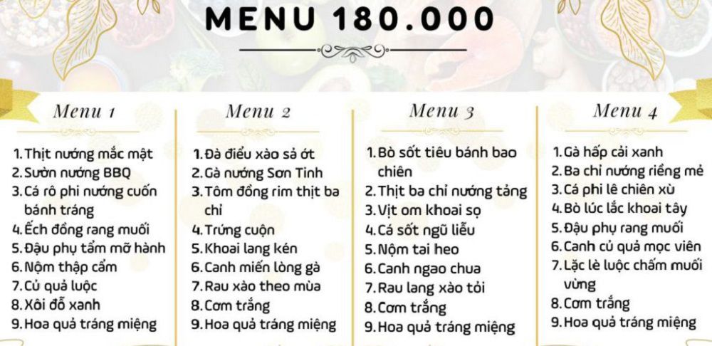 Thơn đơn các món trong menu 180.000 VNĐ/người 