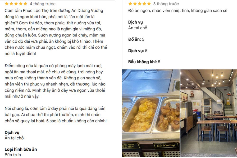 Nhận xét của thực khách từng ăn tại quán cơm tấm Phúc Lộc Thọ (Ảnh: Google Maps)