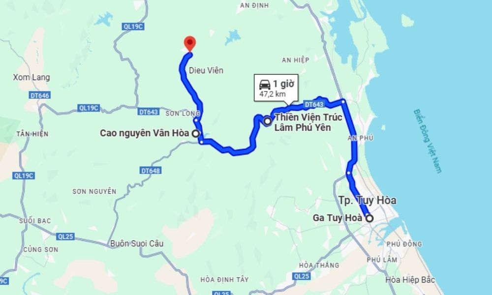 Bản đồ các điểm du lịch Phú Yên khu vực phía Tây (Ảnh: Google Maps)