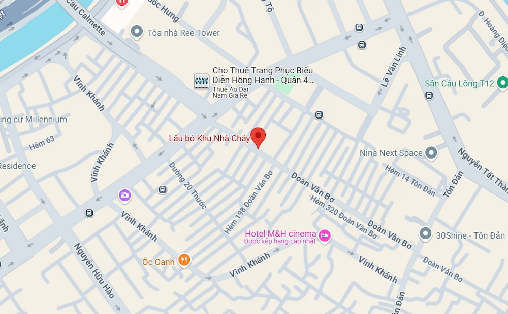 Lẩu bò Khu Nhà Cháy nằm gần khu ẩm thực Vĩnh Khánh sầm uất ở quận 4 (Ảnh: Google Maps)