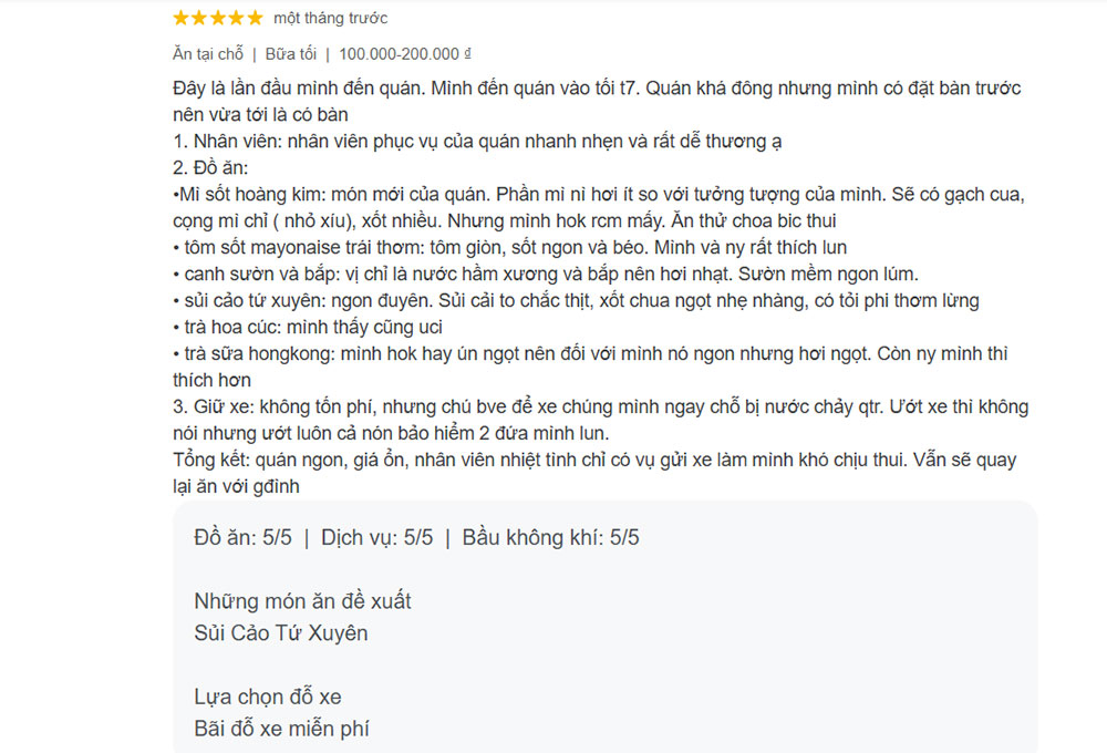 Đánh giá của khách hàng tại quán ăn Cửu Long (Ảnh: Google Maps)