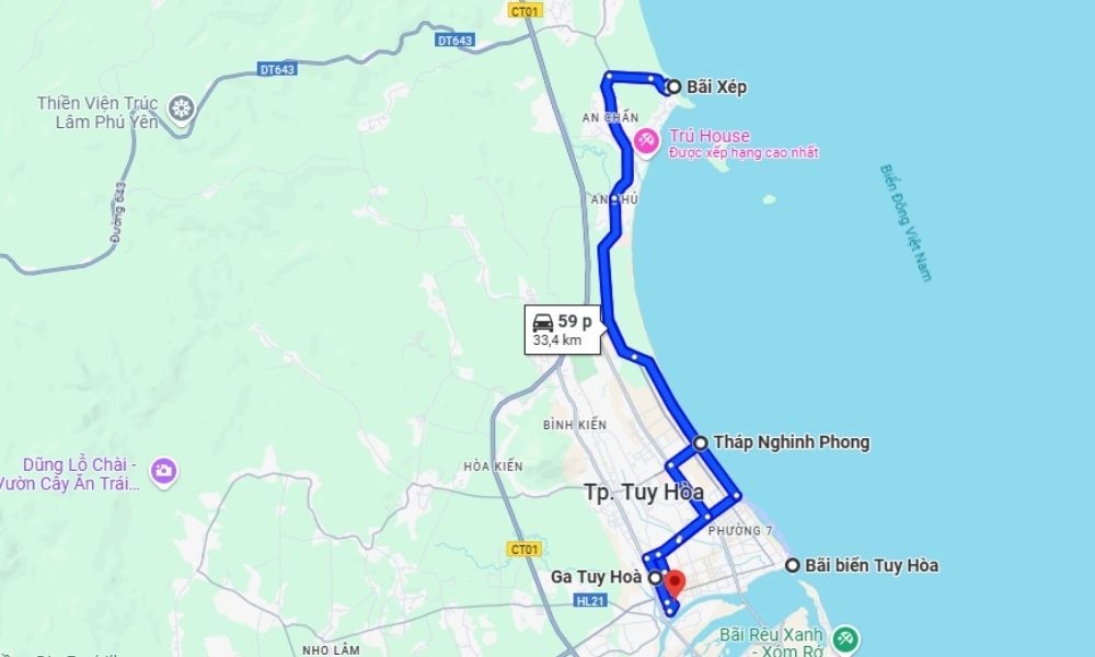 Bản đồ các điểm du lịch Phú Yên khu vực trung tâm (Ảnh: Google Maps)