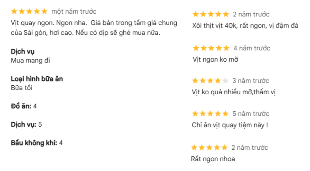 Khách hàng yêu thích vịt quay tiêu đen nhờ vị cay nhẹ, nước chấm đậm đà khó quên (Ảnh: Google Maps)