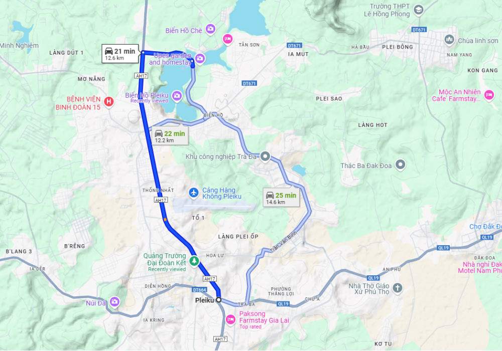 Gợi ý tuyến đường từ trung tâm thành phố Pleiku đến đến Biển Hồ (Ảnh: Google Maps)