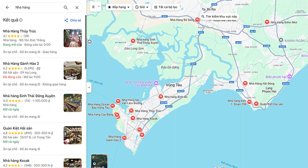 Bản đồ Vũng Tàu cũng gợi ý cho bạn nhiều địa chỉ nhà hàng, quán ăn (Ảnh: Google Maps)