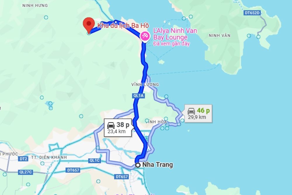 Bản đồ chỉ dẫn đường đi từ trung tâm Nha Trang đến Ba Hồ (Ảnh: Google maps)