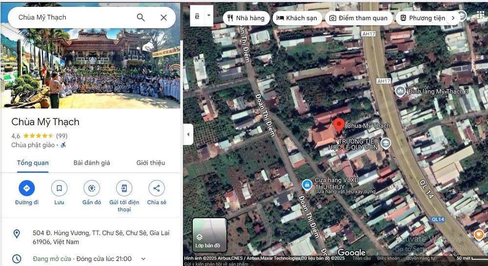 Chùa Mỹ Thạch nằm ở đường Hùng Vương - TT Chư Sê - Gia Lai (Ảnh: Google Maps)