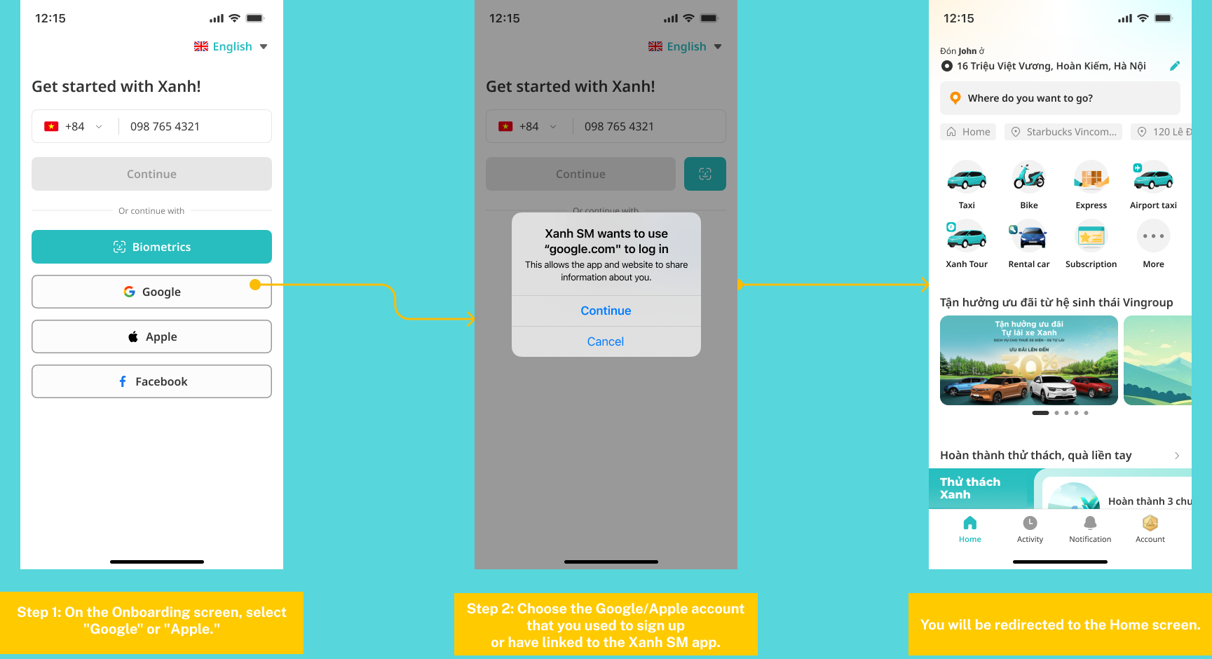 Xanh SM ra mắt tính năng đăng ký & đăng nhập bằng Google/Apple | Xanh SM