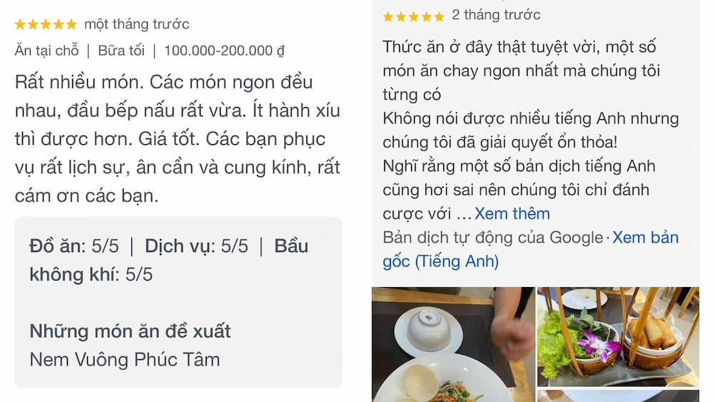 Thực khách đánh giá cao đồ ăn tại Nhà Hàng Chay Phúc Tâm (Ảnh: Google Maps)