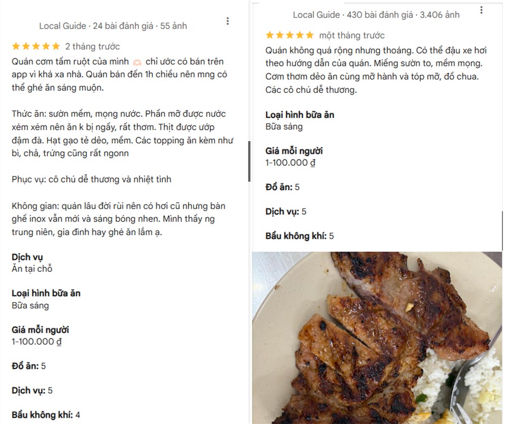 Nhận xét của khách hàng từng ăn tại quán cơm tấm Cô Hồng (Ảnh: Google Maps)