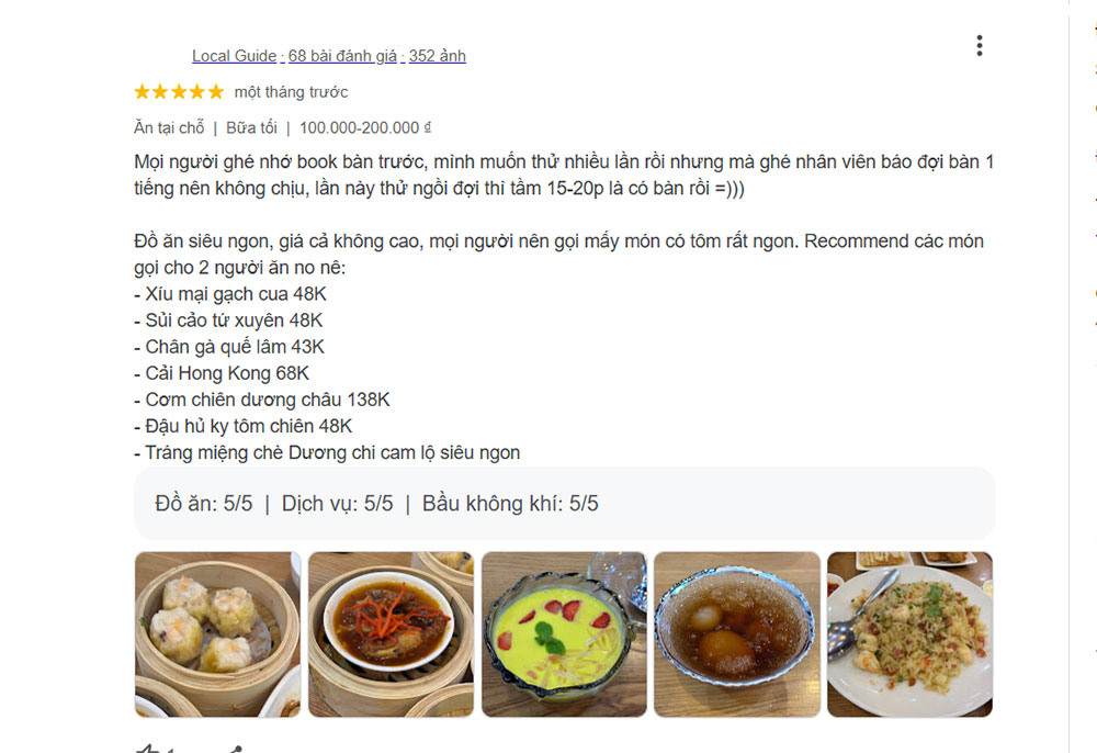 Đánh giá của khách hàng khi ăn tại quán ăn Cửu Long (Ảnh: Google Maps)