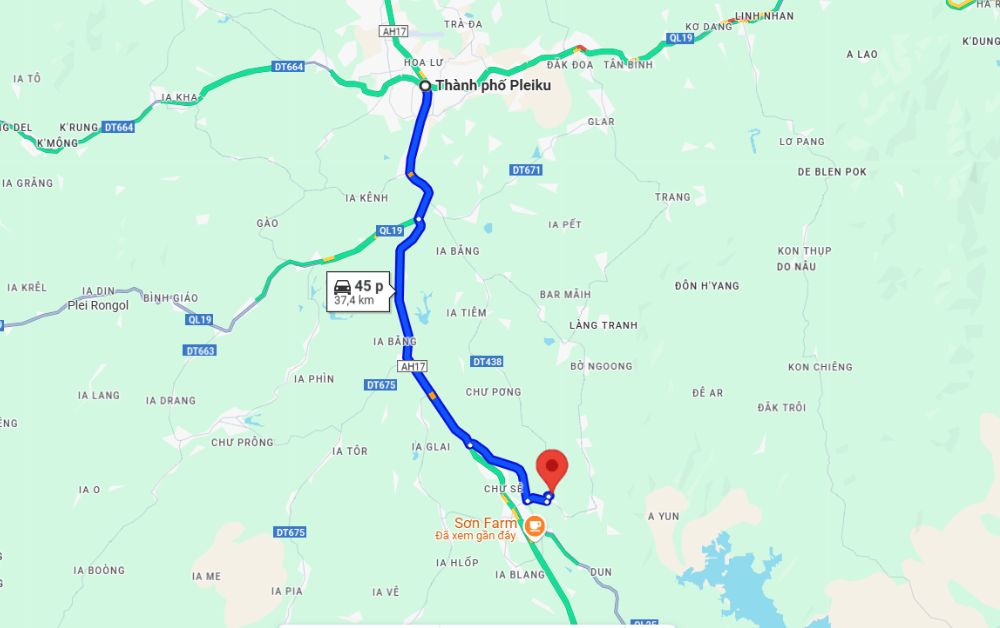 Tuyến đường di chuyển từ thành phố Pleiku đến ruộng bậc thang Chư Sê (Ảnh: Google Maps)