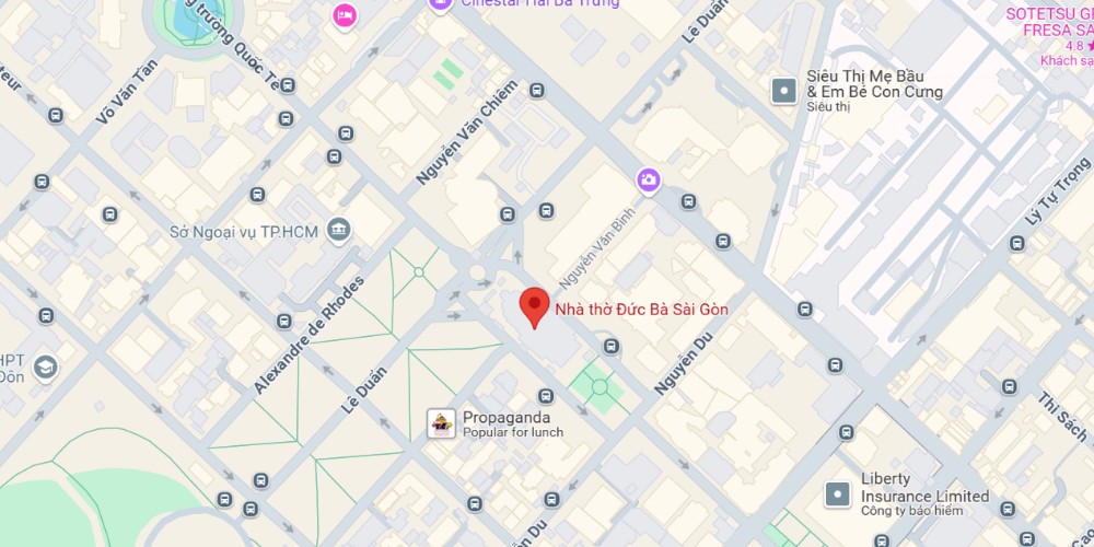 Vị trí của Nhà thờ Đức Bà trên bản đồ (Ảnh: Google Maps)