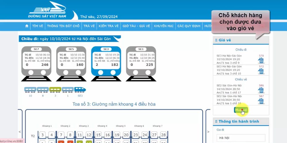 Bấm chọn “Mua vé” sau khi chọn vị trí nghế ngồi 