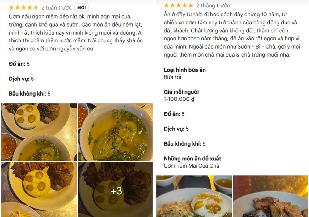 Nhận xét của khách hàng từng ăn tại quán cơm tấm 44 (Ảnh: Google Maps)