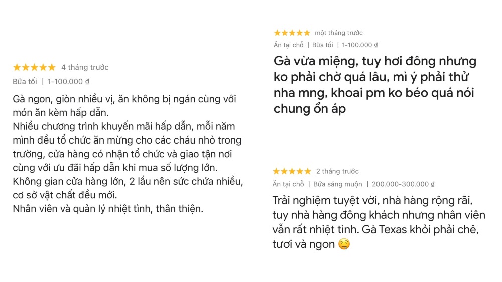 Một số đánh giá của khách hàng dành cho chất lượng dịch vụ Texas (Ảnh: Google Maps)