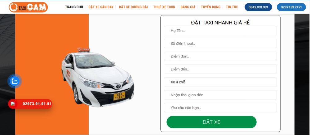 Điền các thông tin trên website để đặt xe trực tuyến (Ảnh: Taxi Cam)