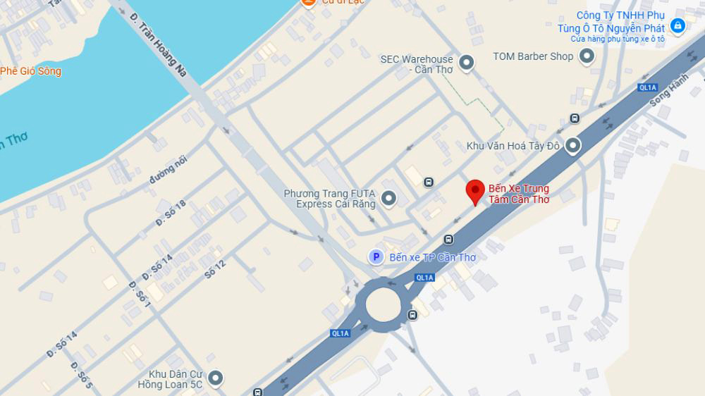 Bến xe trung tâm Cần Thơ nằm tại QL1A, Hưng Thành, Cái Răng, Cần Thơ (Ảnh: Google Maps)