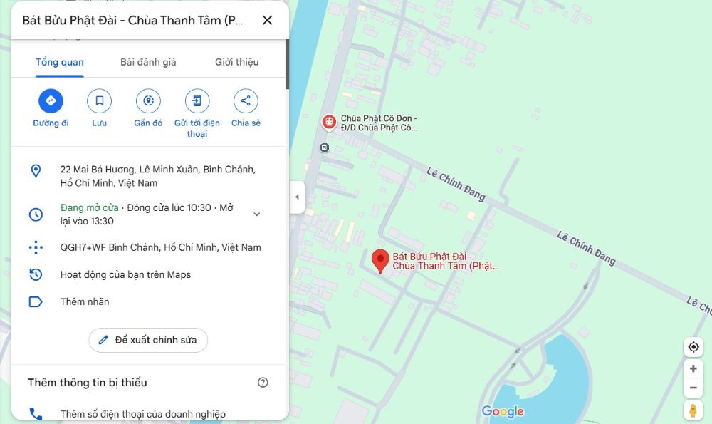 Chùa Phật Cô Đơn tọa lạc tại Bình Chánh, Thành phố Hồ Chí Minh (Ảnh: Google Maps)