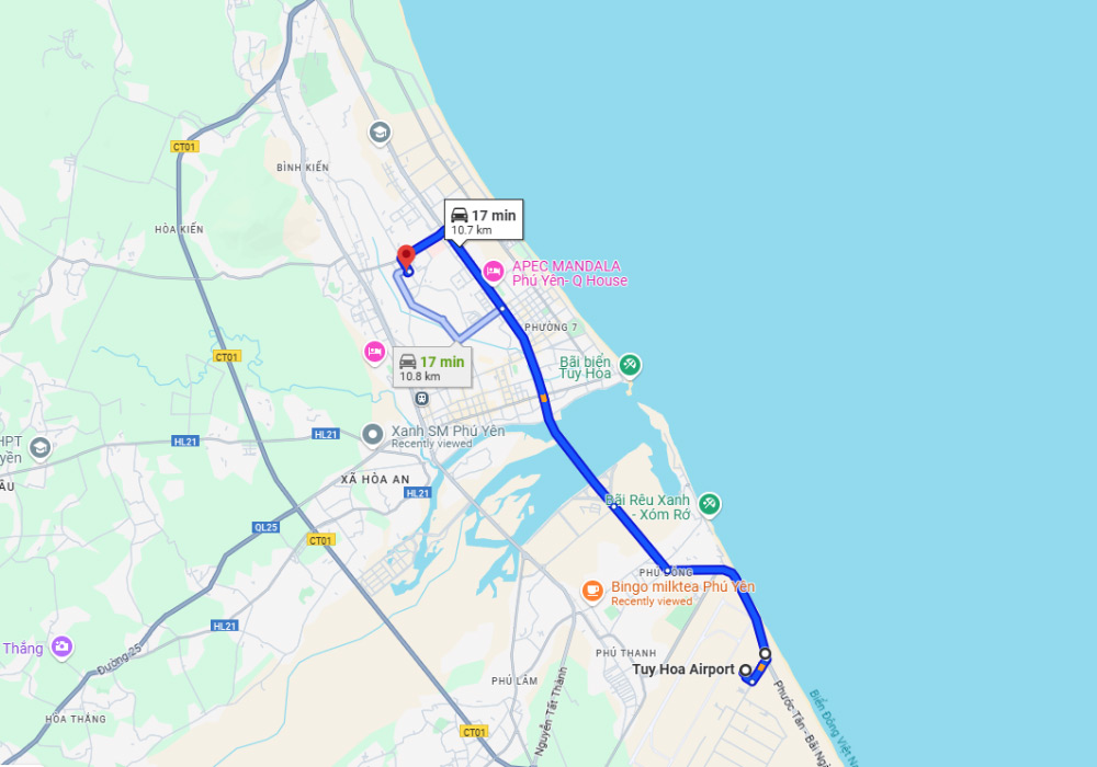 Tuyến đường di chuyển từ sân bay Tuy Hòa vào trung tâm thành phố (Ảnh: Google Maps)