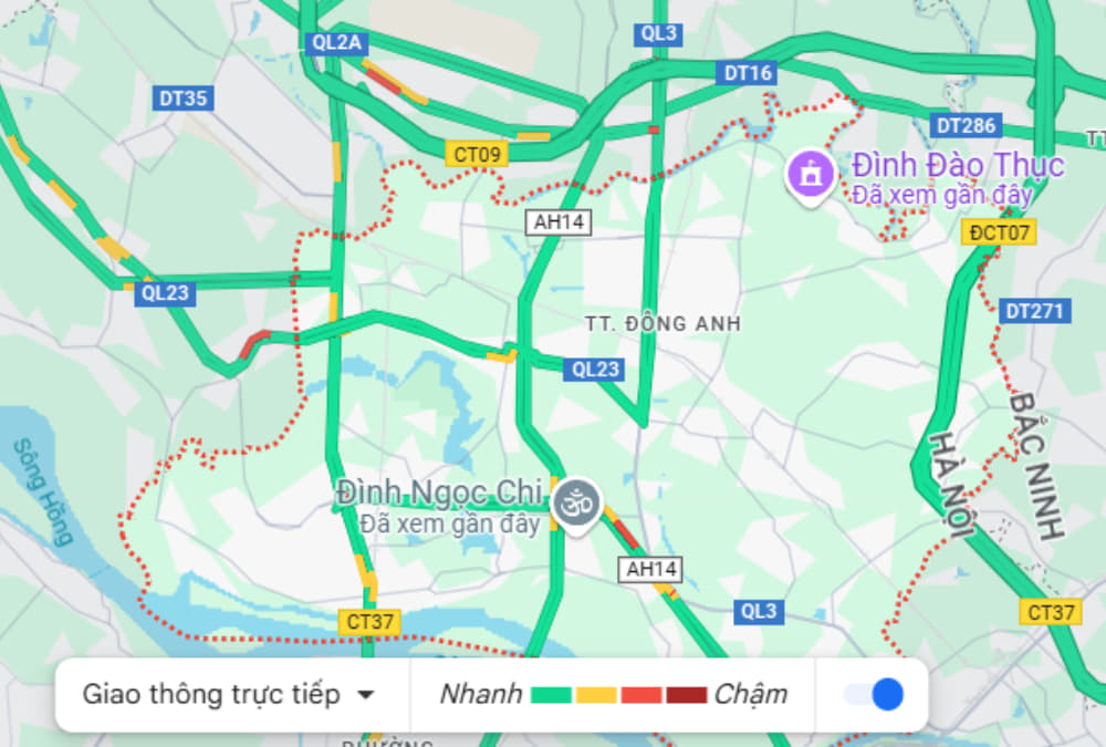 Bản đồ giao thông với các màu chỉ mức độ lưu thông của các tuyến đường tại Huyện Đông Anh (Ảnh: Google Maps)