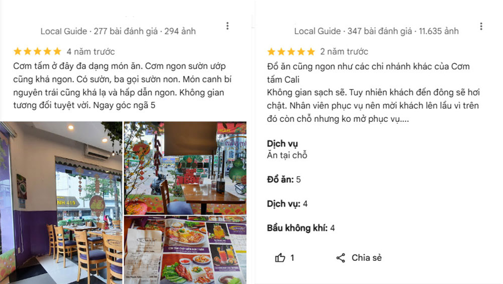 Nhận xét của thực khách từng ăn tại quán cơm tấm Cali (Ảnh: Google Maps)