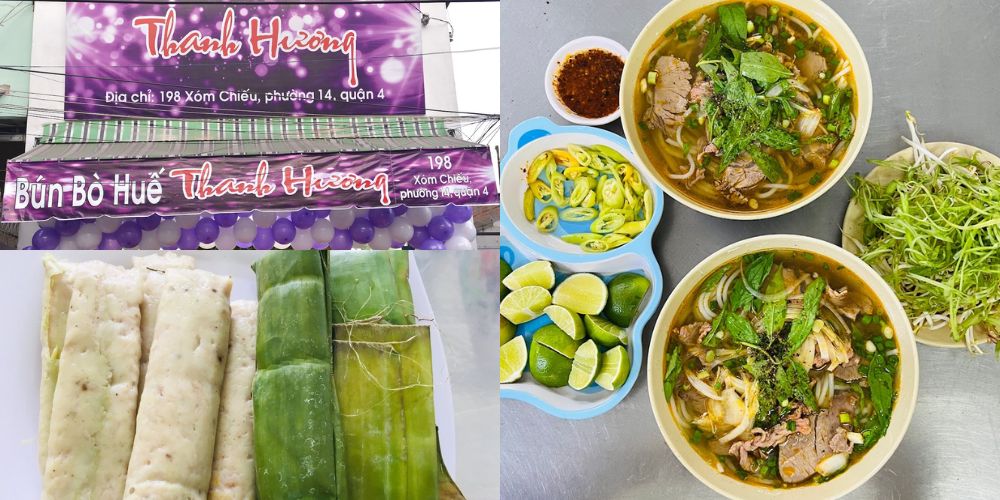 Bún Bò Huế Thanh Hương nổi bật với biển hiệu màu tím đặc trưng 