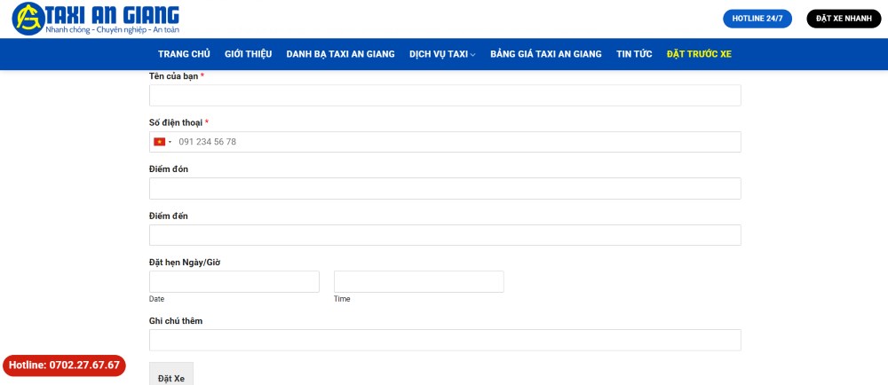 Đặt xe trực tuyến đơn giản tại website của hãng (Ảnh: Taxi An Giang)